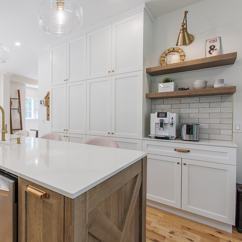 Cuisines Beauregard |Country kitchen storage cabinets and a “coffee nook”