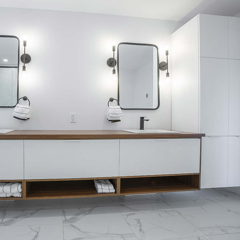 Cuisines Beauregard |Section rangement suspendue joint à la vanité